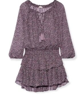 LOVE SHACK FANCY Purple Floral 100% Silk Long Sleeve Smocked POPOVER Mini DRESS